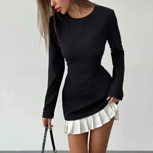Black And White Casual Women's Pleated Hemline Patchwork Round Neck Mini Dress